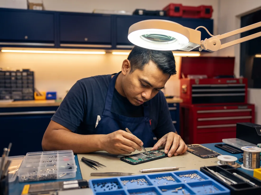 Teknisyen iPRO SP membaiki papan litar iPhone di bawah lampu pembesar di kedai repair Sungai Petani