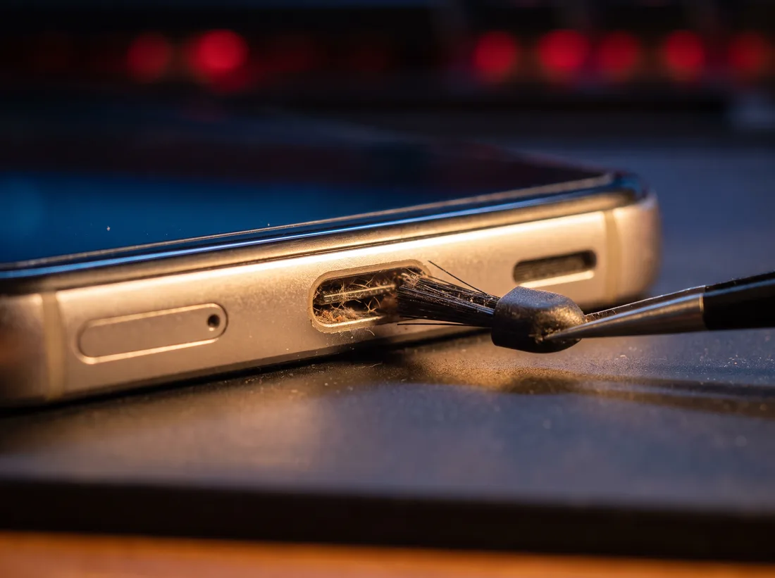 Charging port telefon dibersihkan daripada habuk yang termampat menggunakan berus halus di iPRO SP Sungai Petani