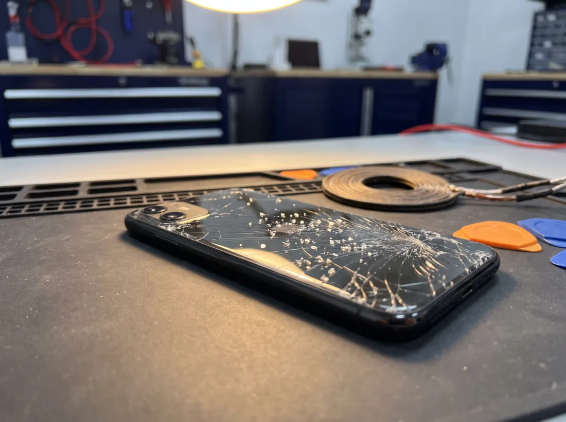 Telefon dengan kaca belakang pecah di atas mat repair, bersedia untuk tukar back glass di iPRO SP Sungai Petani