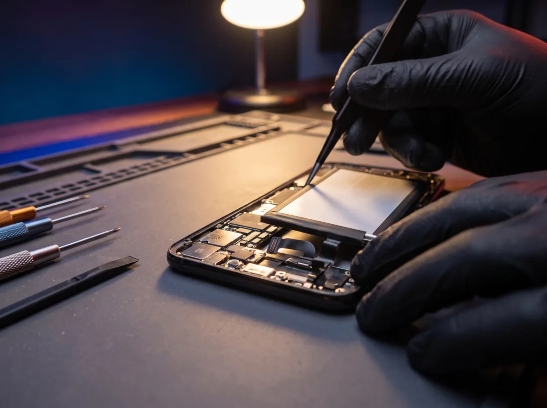 Teknisyen bersarung tangan mengeluarkan bateri telefon dengan penyepit halus di meja repair iPRO SP Sungai Petani