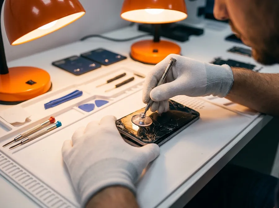 Teknisyen menukar LCD skrin telefon retak di kedai repair phone Sungai Petani