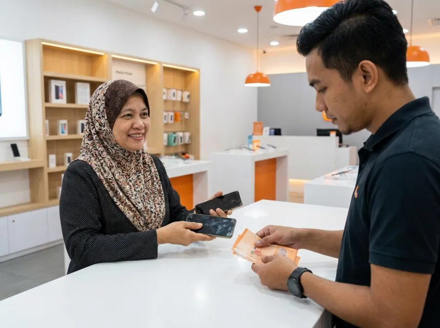 Pelanggan menjual dua phone lama dan menerima bayaran tunai di kaunter iPRO SP